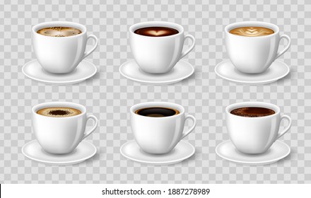 Café negro, capuchino, latte, espresso, macchiatto, vista lateral mocha. Ilustración vectorial 3D para maquetas. Publicidad para su diseño