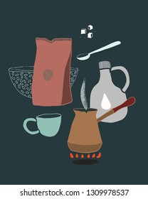 Black coffee in a cezve, cup and other coffee accessories. Vector illustration. Colorful elements and shapes for your design, presentation, package, poster, decoration.-vector-illustration-with-co