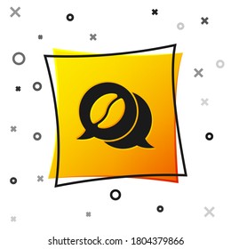 Schwarzer Kaffee und Konversationssymbol einzeln auf weißem Hintergrund. Kaffeegespräch. Redeblasen plaudern. Gelber Quadrat-Knopf. Vektorgrafik.