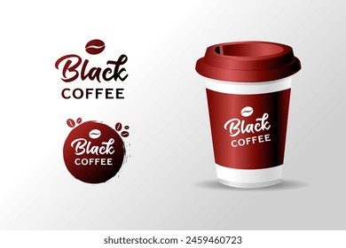 Black Coffee creative logo concept with 3d coffee cup. Realistic blank mock up paper cup with plastic lid, coffee to go take out mug. Vector illustration