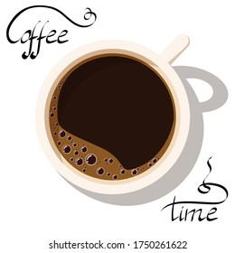 Black coffee in a cup with bubbles and sign coffee time isolated on white background