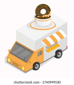 Café negro con camioneta de donut isométrica