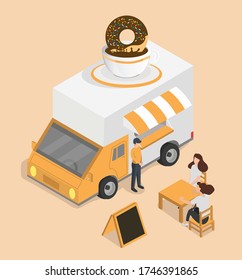 Black coffee cup with donut van isometric concept