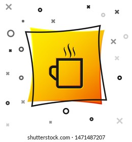 Black Coffee cup flat icon isolated on white background. Tea cup. Hot drink coffee. Yellow square button. Vector Illustration