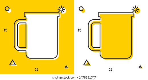 Black Coffee cup flat icon isolated on yellow and white background. Tea cup. Hot drink coffee. Random dynamic shapes. Vector Illustration
