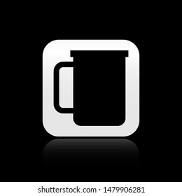 Black Coffee cup flat icon isolated on black background. Tea cup. Hot drink coffee. Silver square button. Vector Illustration