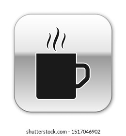 Black Coffee cup flat icon isolated on white background. Tea cup. Hot drink coffee. Silver square button. Vector Illustration