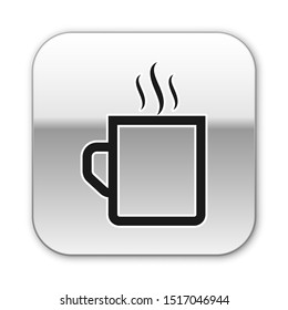 Black Coffee cup flat icon isolated on white background. Tea cup. Hot drink coffee. Silver square button. Vector Illustration