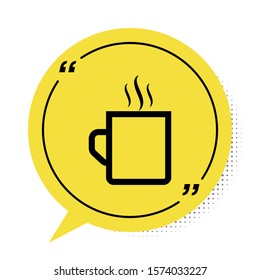 Black Coffee cup flat icon isolated on white background. Tea cup. Hot drink coffee. Yellow speech bubble symbol. Vector Illustration