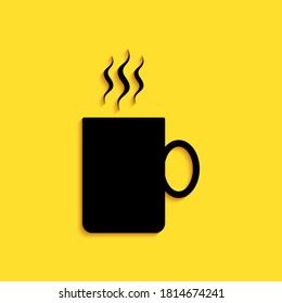 Black Coffee cup flat icon isolated on yellow background. Tea cup. Hot drink coffee. Long shadow style. Vector.