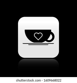 Black Coffee cup and heart icon isolated on black background. Couple coffee for lovers on Valentines Day. Silver square button. Vector Illustration