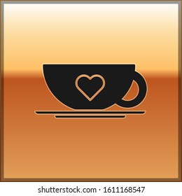 Black Coffee cup and heart icon isolated on gold background. Couple coffee for lovers on Valentines Day.  Vector Illustration