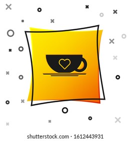 Black Coffee cup and heart icon isolated on white background. Couple coffee for lovers on Valentines Day. Yellow square button. Vector Illustration