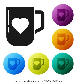 Black Coffee cup and heart icon isolated on white background. Couple coffee for lovers on Valentines Day. Set icons colorful circle buttons. Vector Illustration