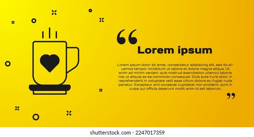 Black Coffee cup and heart icon isolated on yellow background. Couple coffee for lovers on Valentines Day.  Vector