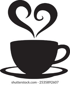 A black coffee cup with a heart shaped steam coming out of it