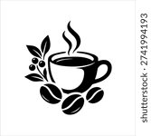 Black coffee cup icon with beans and leaves symbolizing organic and natural coffee products.