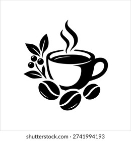 Black coffee cup icon with beans and leaves symbolizing organic and natural coffee products.