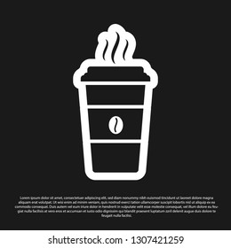 Black Coffee cup icon isolated on black background. Disposable coffee cup with hot coffee. Vector Illustration