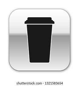 Black Coffee cup icon isolated on white background. Disposable coffee cup with hot coffee. Silver square button. Vector Illustration