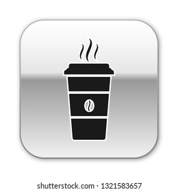 Black Coffee cup icon isolated on white background. Disposable coffee cup with hot coffee. Silver square button. Vector Illustration
