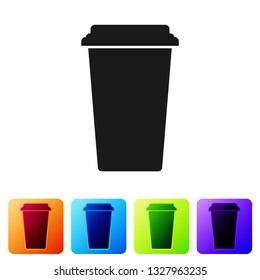 Black Coffee cup icon isolated on white background. Disposable coffee cup with hot coffee. Set icon in color square buttons. Vector Illustration