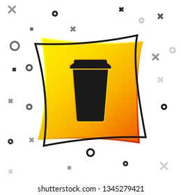 Black Coffee cup icon isolated on white background. Disposable coffee cup with hot coffee. Yellow square button. Vector Illustration