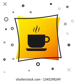 Black Coffee cup icon isolated on white background. Tea cup. Hot drink coffee. Yellow square button. Vector Illustration