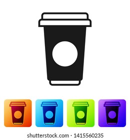 Black Coffee cup icon isolated on white background. Disposable coffee cup with hot coffee. Set icon in color square buttons. Vector Illustration