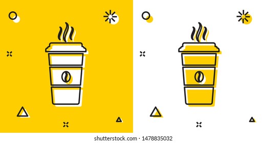 Black Coffee cup icon isolated on yellow and white background. Disposable coffee cup with hot coffee. Random dynamic shapes. Vector Illustration