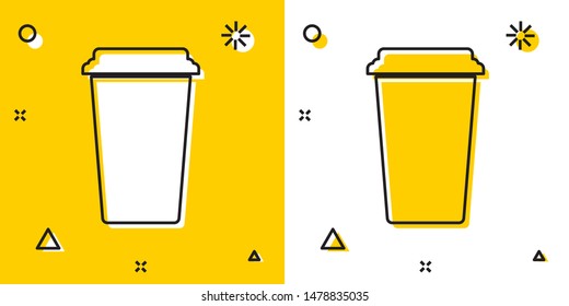Black Coffee cup icon isolated on yellow and white background. Disposable coffee cup with hot coffee. Random dynamic shapes. Vector Illustration