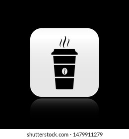 Black Coffee cup icon isolated on black background. Disposable coffee cup with hot coffee. Square button vector Illustration