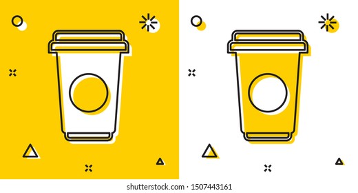 Black Coffee cup icon isolated on yellow and white background. Disposable coffee cup with hot coffee. Random dynamic shapes. Vector Illustration