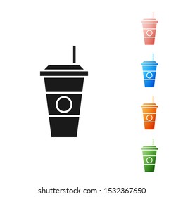 Black Coffee cup icon isolated on white background. Disposable coffee cup with hot coffee. Set icons colorful. Vector Illustration