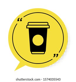 Black Coffee cup icon isolated on white background. Disposable coffee cup with hot coffee. Yellow speech bubble symbol. Vector Illustration