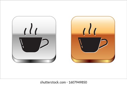 Black Coffee cup icon isolated on white background. Tea cup. Hot drink coffee. Silver-gold square button. Vector Illustration