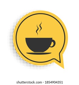 Black Coffee cup icon isolated on white background. Tea cup. Hot drink coffee. Yellow speech bubble symbol. Vector.