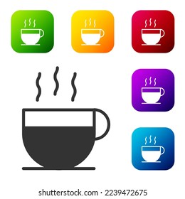 Icono de la taza de café negra aislado en fondo blanco. Té. Café caliente. Establezca iconos en los botones cuadrados de color. Ilustración vectorial