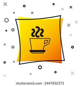 Black Coffee cup icon isolated on white background. Tea cup. Hot drink coffee. Yellow square button. Vector