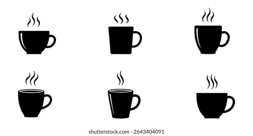 Black coffee cup icons representing hot beverage in silhouette style