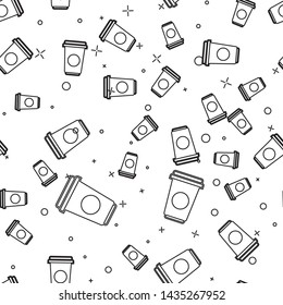 Black Coffee cup line icon isolated seamless pattern on white background. Disposable coffee cup with hot coffee. Vector Illustration