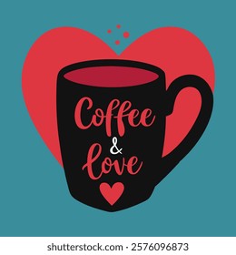 Black Coffee Cup with Love Message Over Red Heart and Blue Background