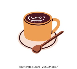 Black coffee cup on saucer with spoon. Hot morning drink, fresh espresso, brewed americano. Aromatic coffe, caffeine beverage for breakfast. Flat vector illustration isolated on white background