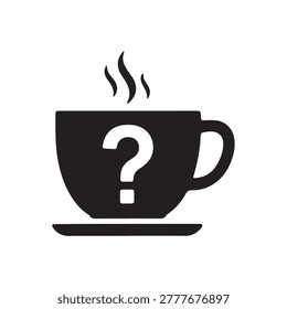 Black coffee cup with a question mark symbol and rising steam on a flat surface against a plain background.