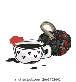 Taza de café negro, rana roja y calabaza verrugosa pintada de rojo composición de Halloween. Vector aislado ilustración