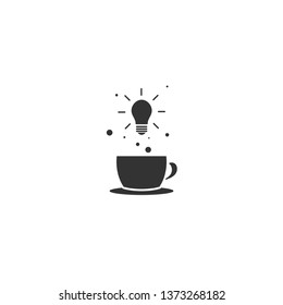 Black coffee cup coffee with shining bulb flying out. creative breakfast sign isolated on whte. Dreams, fantasy, creativity, ideas concept. Vector illustration  