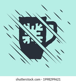 Black Coffee cup with snowflake icon isolated on green background. Tea cup. Hot drink coffee. Merry Christmas and Happy New Year. Glitch style. Vector