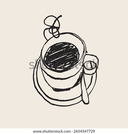 Black Coffee. Cup, spoon, plate. Sketchy, quirky, grunge, artistic, doodle, trendy style. Aromatic, tasty coffee concept. Hand drawn Vector illustration. Isolated design element