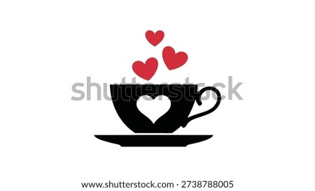 black coffee cup with white heart on saucer and red hearts rising upward, cozy romantic beverage symbol for love, comfort, café branding and enjoyment