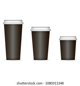 Black coffee cups set isolated on background. Eps 10 Vector illustration. Disposable paper or plastic cups with lid for espresso, latte or tea.